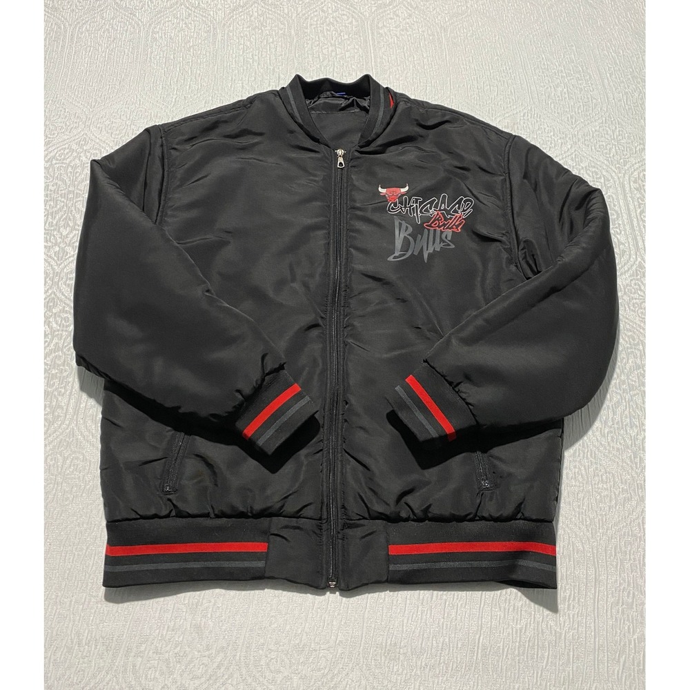 NBA Chicago Bulls DeFacto Bomber Jacket‎ Mens Medium Black Red Full Zip Varsity